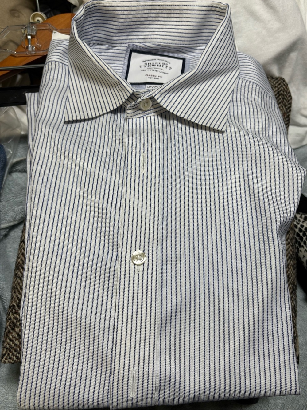 Charles Tyrwhitt White Dress Shirt with Navy Pinstripes